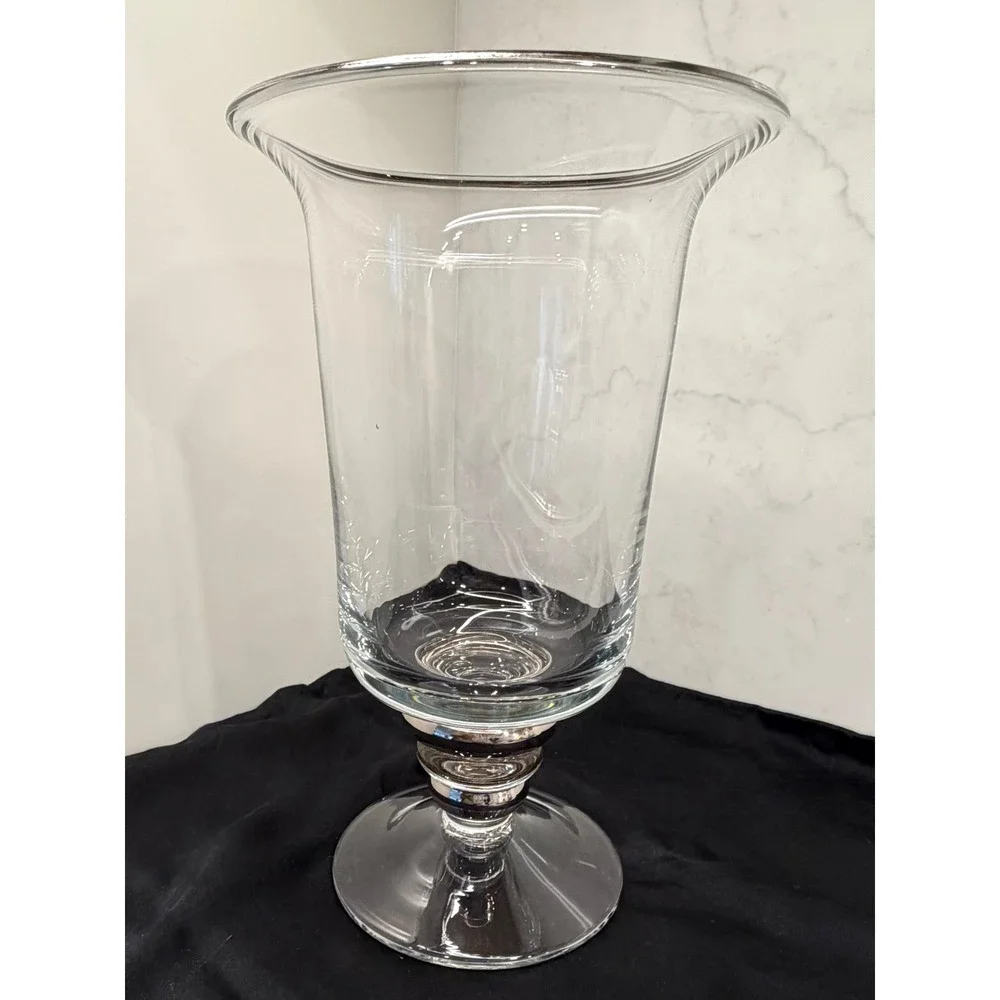 Vtg Large Miller Rogaska Lead Crystal Flared Rim Platinum Trim Hurricane Vase